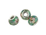 Big Hole Bead Cloisonne green with flowers