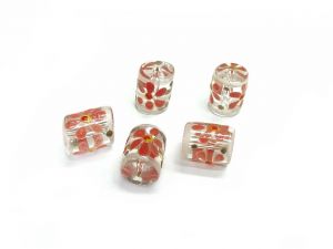 Tube Glass Beads Hand-Painted Blossom Coral Red 5 Pcs