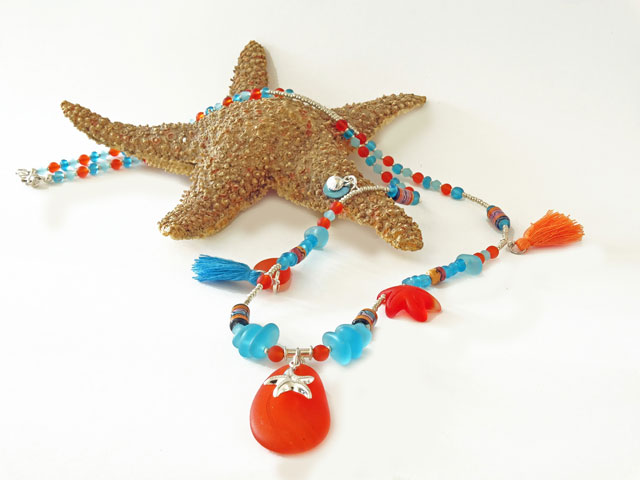 necklace sea glass beads Turqouise-Orange